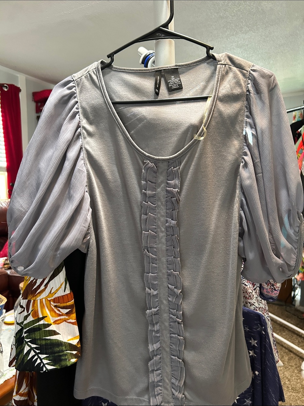 new directions Gray Puff Sleeve Ruffle Front Blouse Size M